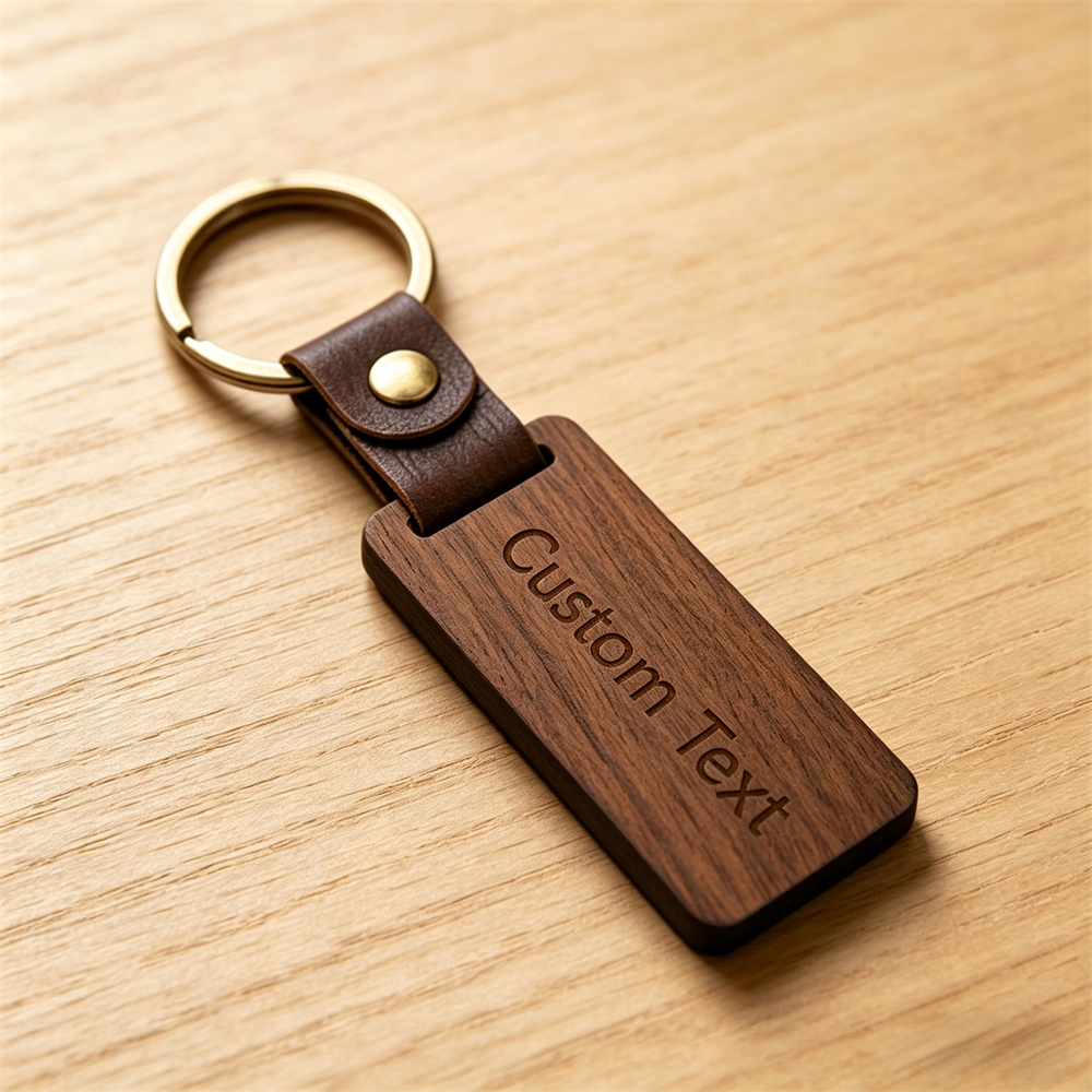 E-shop Personalisierter gravierter Holzschlüsselanhänger mit PU-Lederband – personalisiertes Andenken-Geschenk, langlebiges Holz Metallring, für