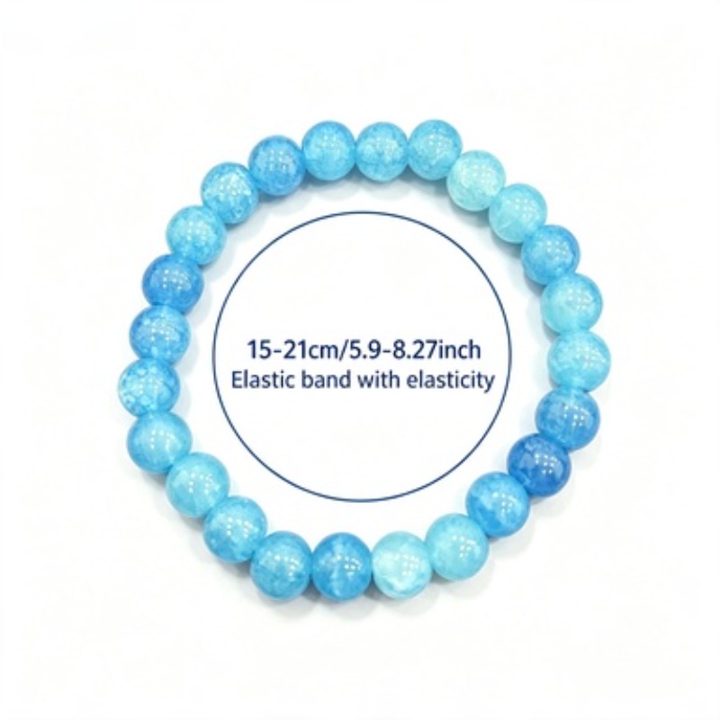 Ice-Clear Sea Blue Exploding Flower Round Bead Bracelet, Unisex Gift