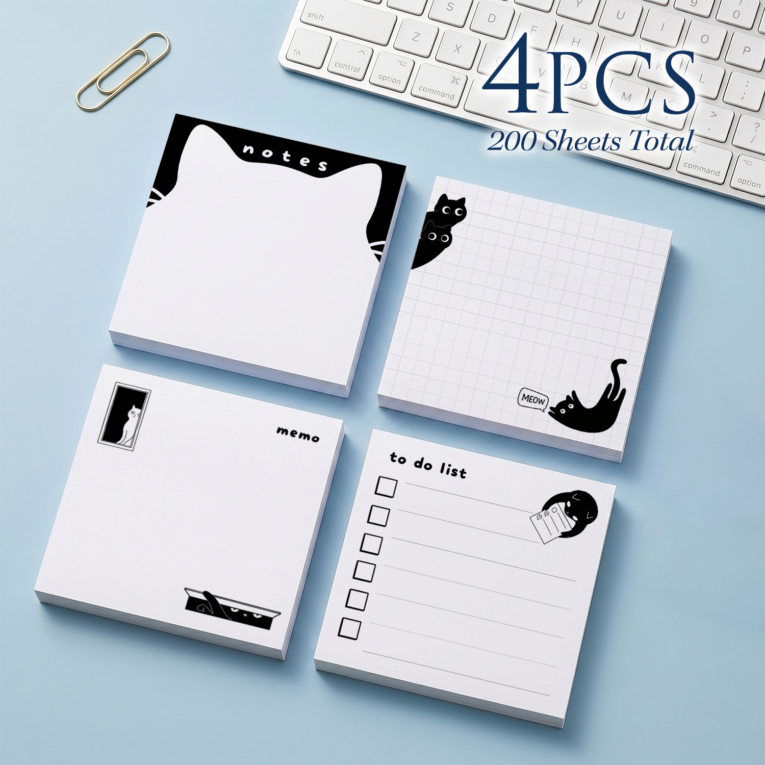 TEMU 4pcs Cute Cat Sticky Notes 3x3 Inch, 75x75mm Self Stick Memo Pads, 200 Sheets Total, Black Cat To Do List Grid Note Pads For Office Reminder
