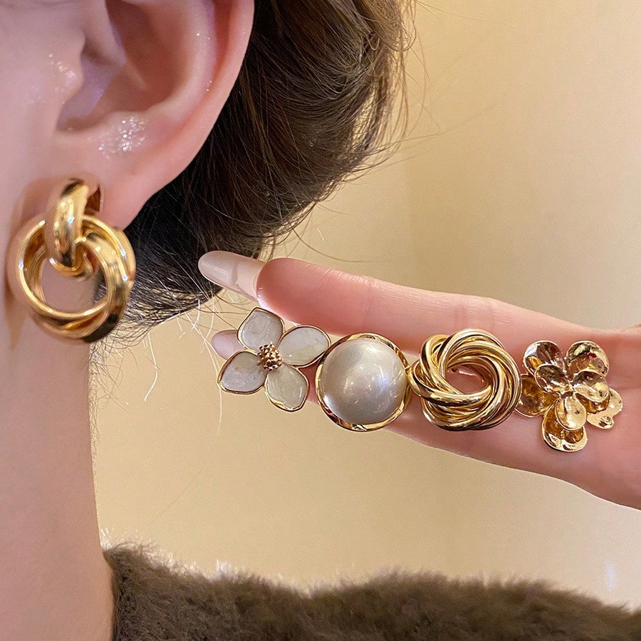 TEMU Lot de 5 paires de clous d'oreilles vintage à tige tombante en émail, géométriques et floraux, avec un design de style français, boucles