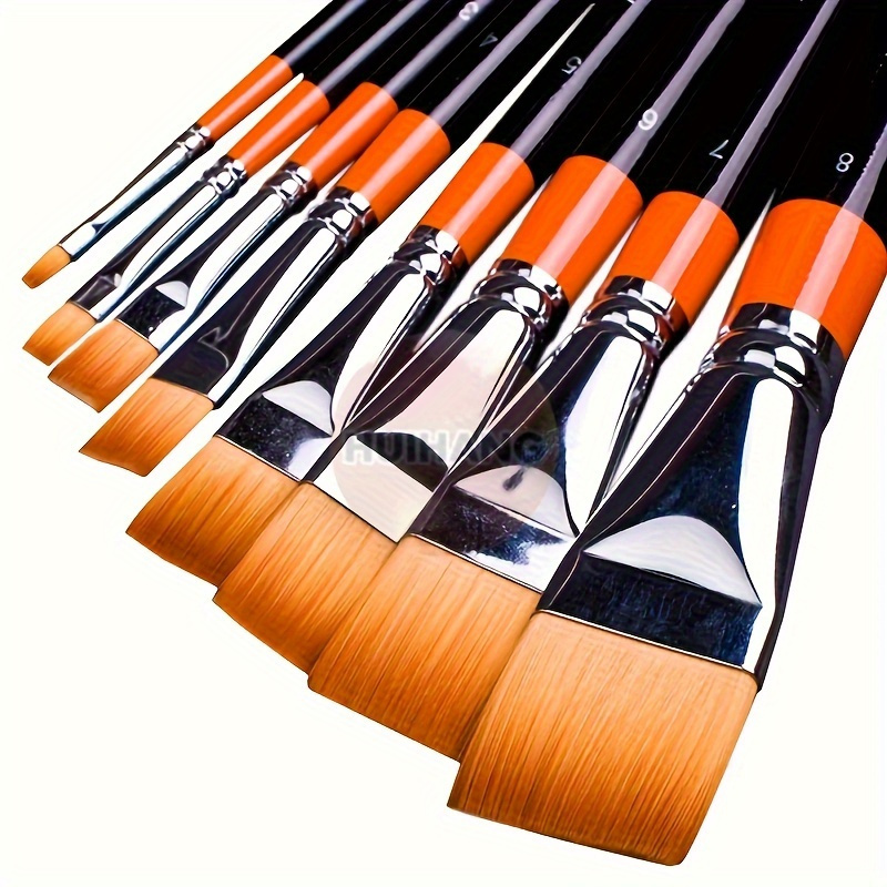 

8pcs Nylon Flat Brushes For Acrylic & Watercolor Painting, Artist Paint Brushes In Orange Red/black