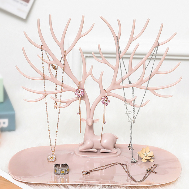 

1pc Elegant Pink Deer Jewelry Stand - Tree- With Multiple Hooks For Earrings, Bracelets & Necklaces Display On Clear Tray Base - Vanity Or Dresser Decor, Cute Jewelry, Hanging Jewelry Organizers