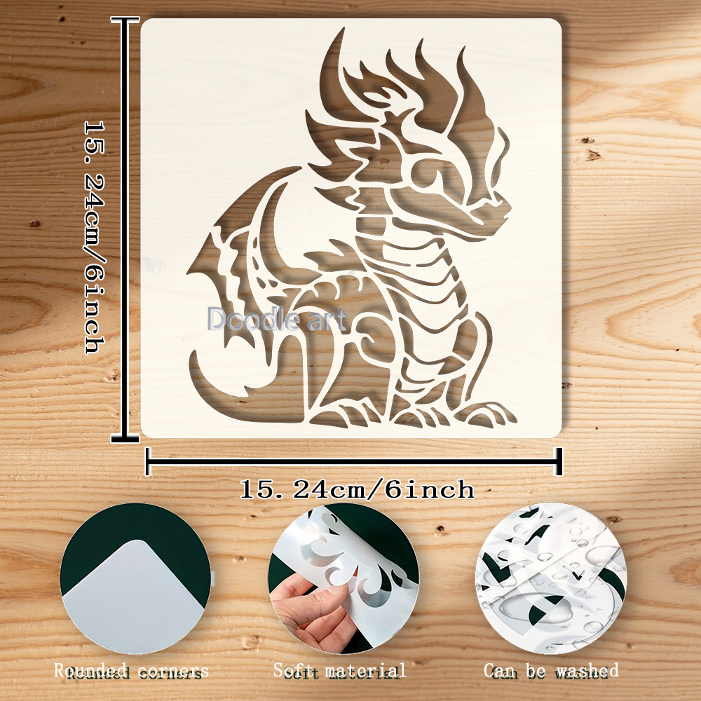Image of Dragon Template - Dragon Template With Wings - Reusable Dragon Template - 6x6 Inches - Ideal For Painting On Fabric, Canvas, Glass, Furniture, And Walls, Projects And Decorations
