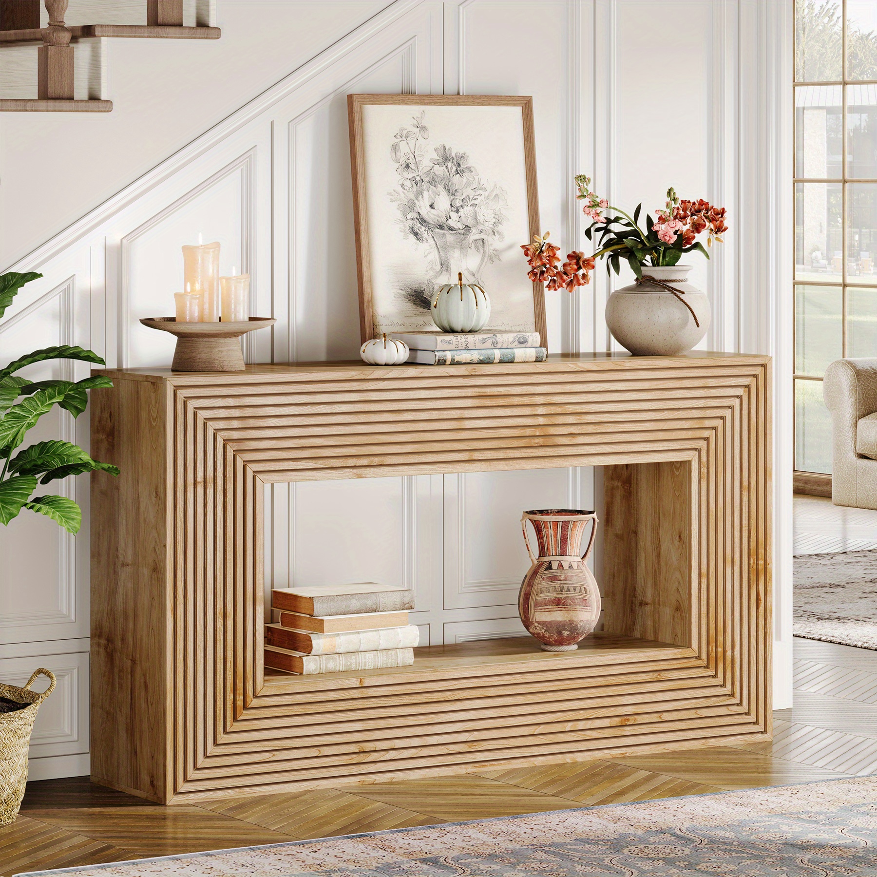 Wood Console Table for Living Room, Farmhouse Fluted Entryway Table with Storage, 59-Inch Long Sofa Table Behind Couch, Accent Entrance Furniture for Foyer, Hallway, Natural