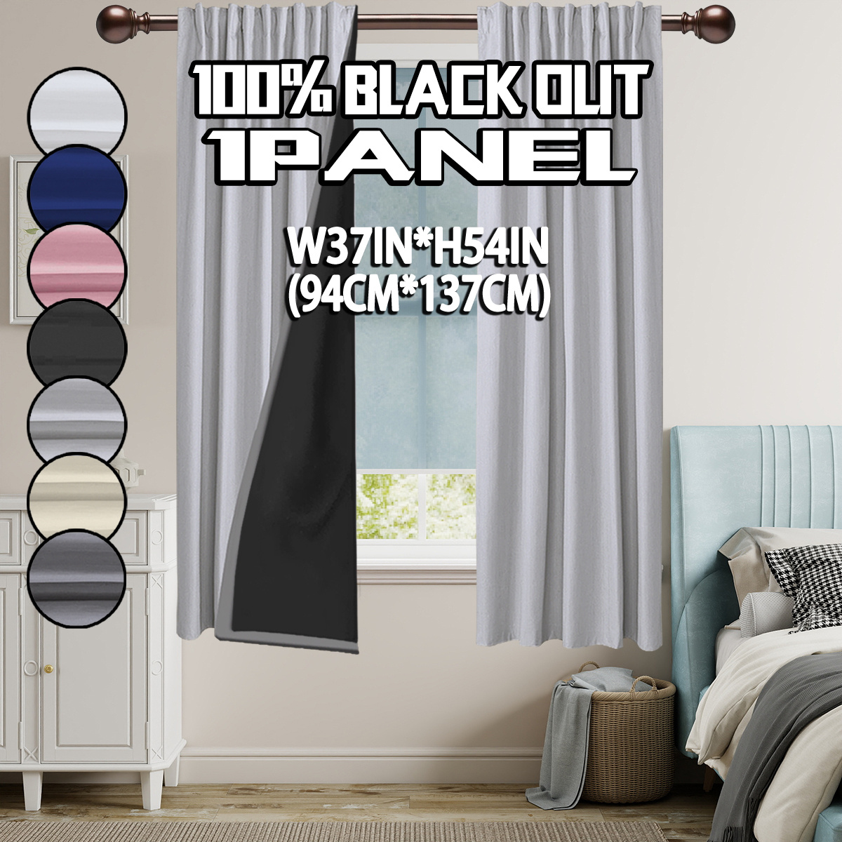 TEMU 1pc, 100% Blackout Thermal Curtains, Solid Polyester Material With Laminated Lining, Rod Pocket Top Hanging Style, Suitable For Bedroom, Dining