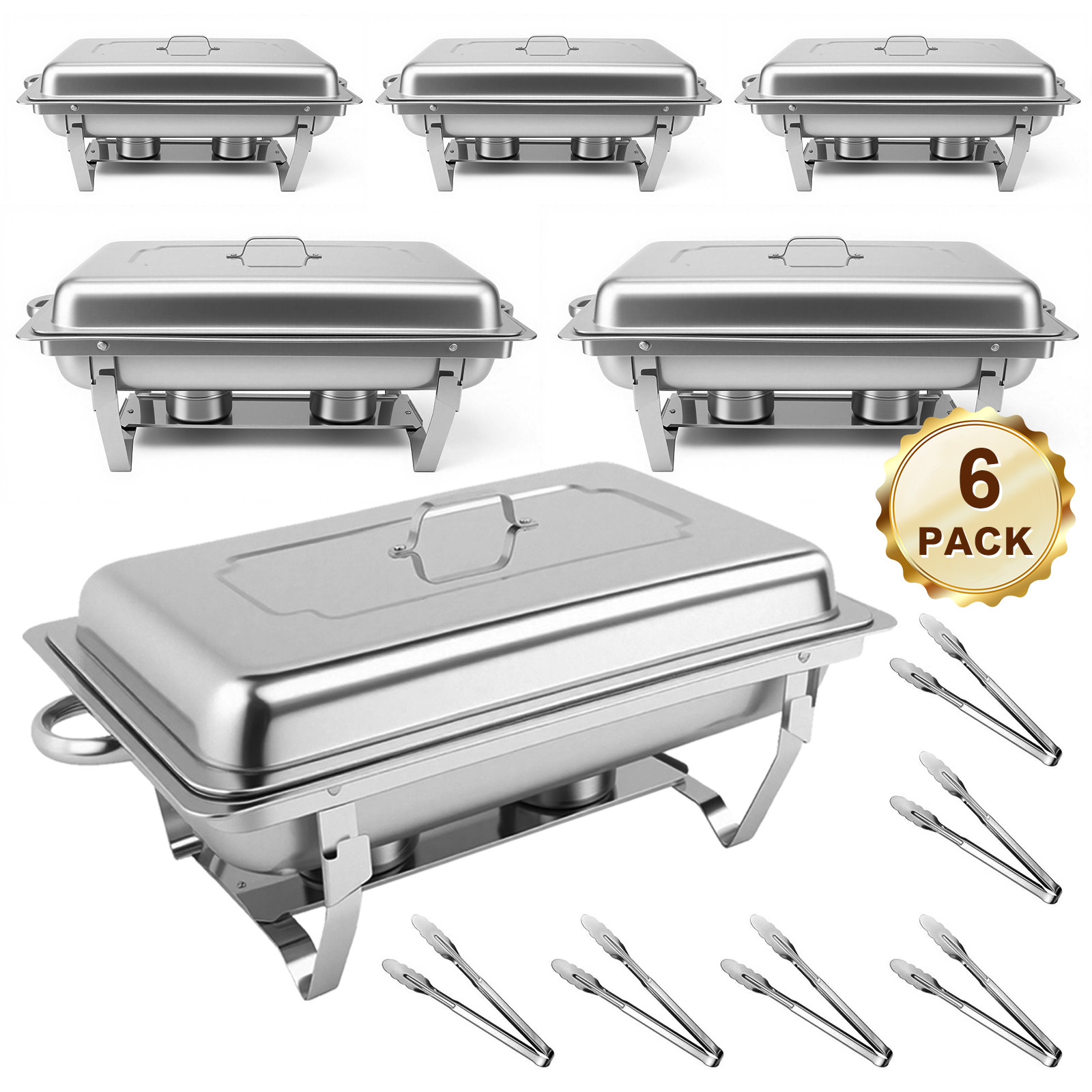 Image of Rectangular Chafing Dishes For Buffet With Upgraded Food Pans (9qt, 6pack), Large Chafing Dish Set W/mirror-polished Stainless Steel, Rolled Rim, Foldable Frame, For Parties - Cooking