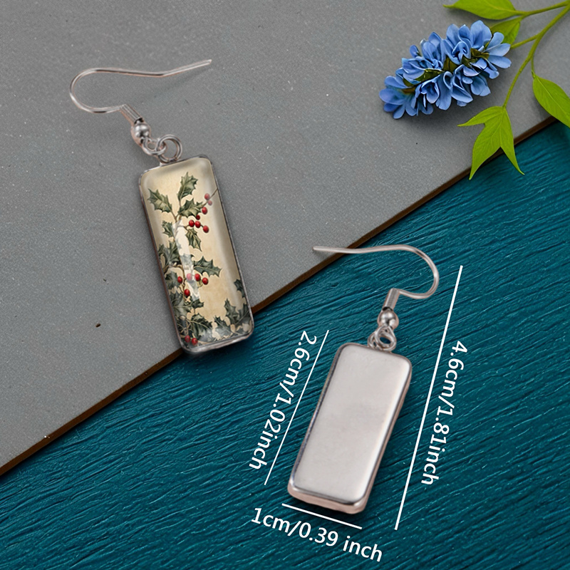 Square-Shaped Holly Leaves Handmade Glass Earrings