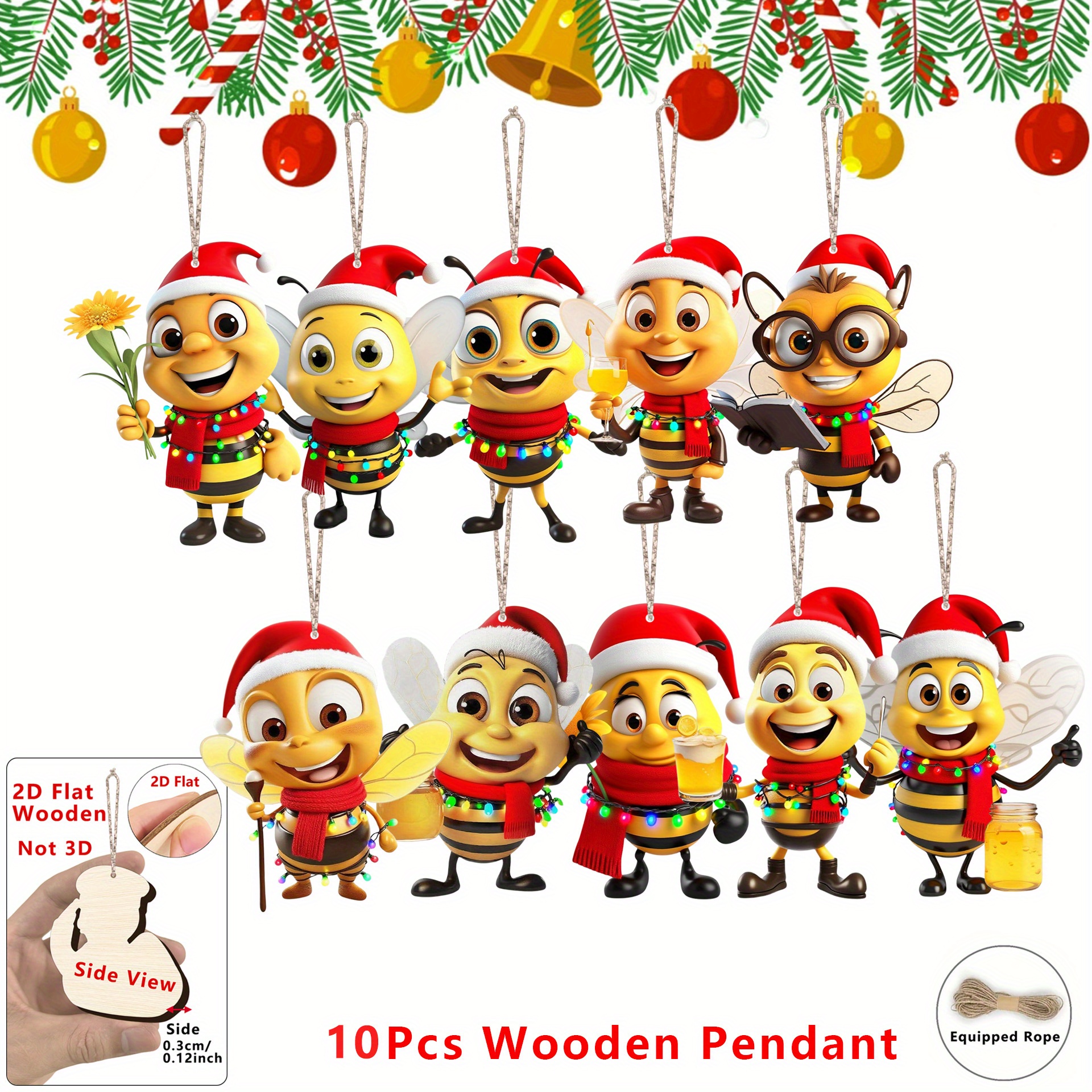TEMU 2d Flat - Set Of 10 Wooden Bee Ornaments For Christmas, Featuring A Light String With A , Decorating Homes, Offices, Classrooms, And Holiday