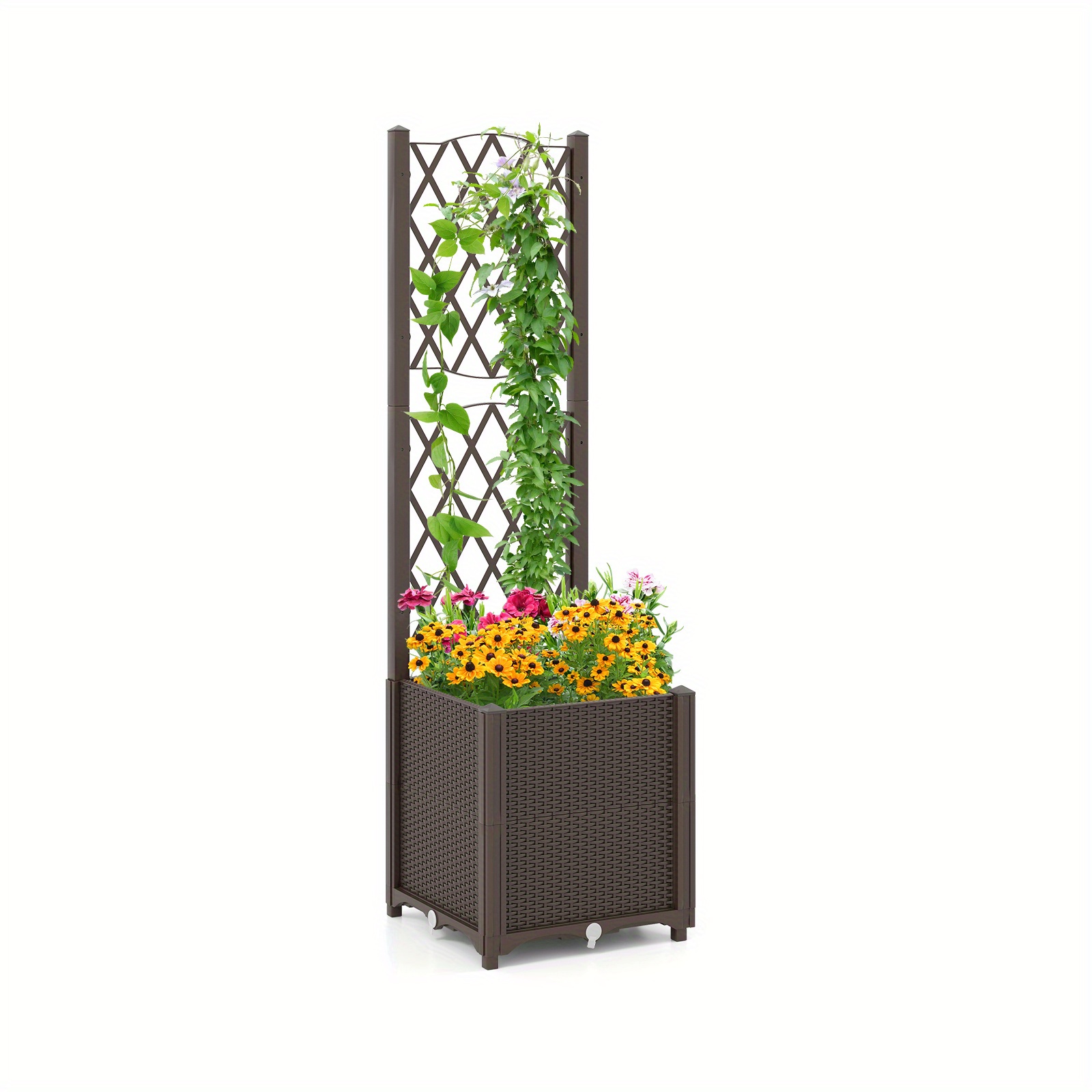 Raised Garden Bed W/ Lattice Trellis, Elevated Planter Box For Climbing Vine Flower Vegetable Deep- Plant W/ Self- Watering System