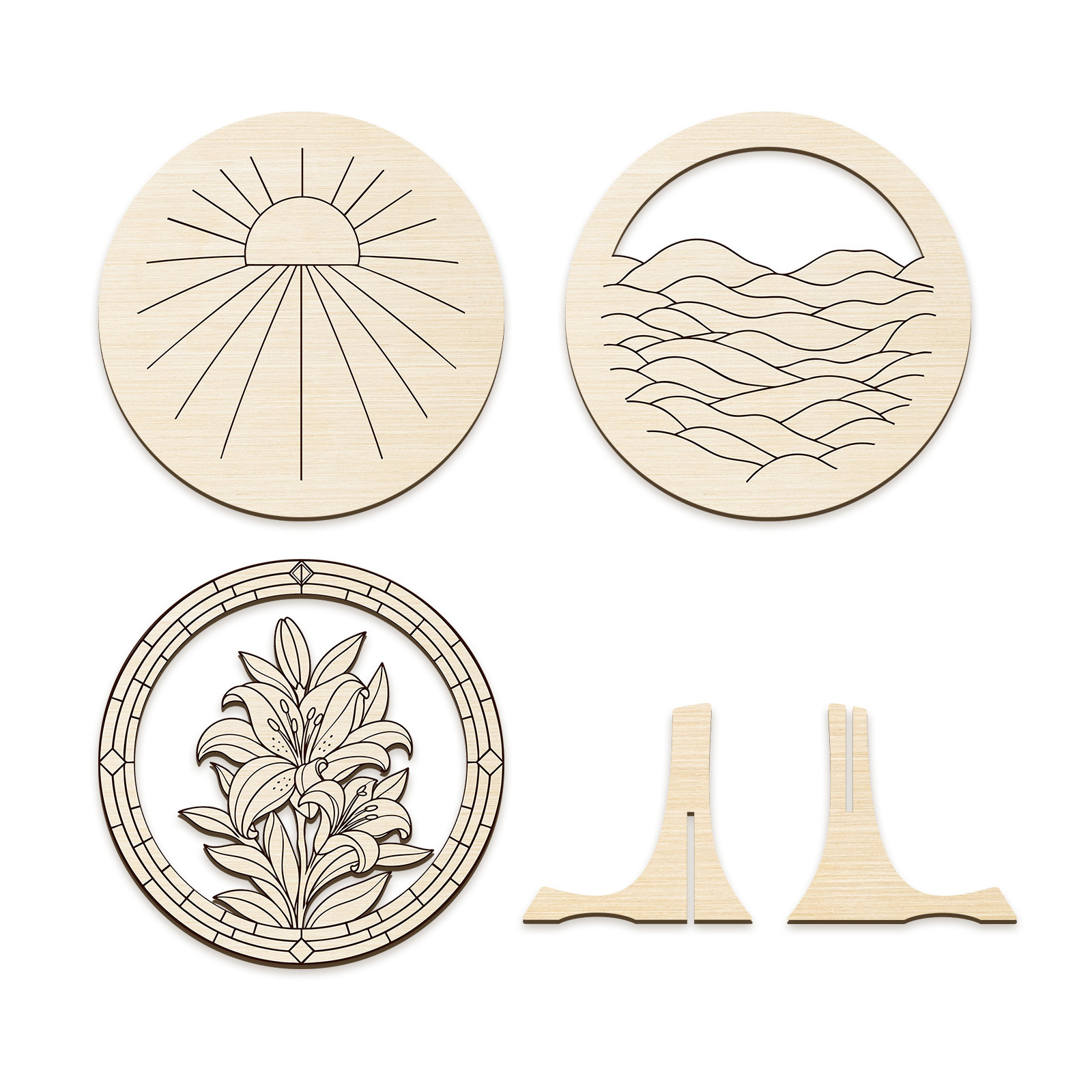 TEMU A Set Of Wooden Art, 3-layer 2d Flat Circular Wooden Decor With Lily Flower And Lake Scene Design, Unpainted And Paintable Craft Kit For Wall