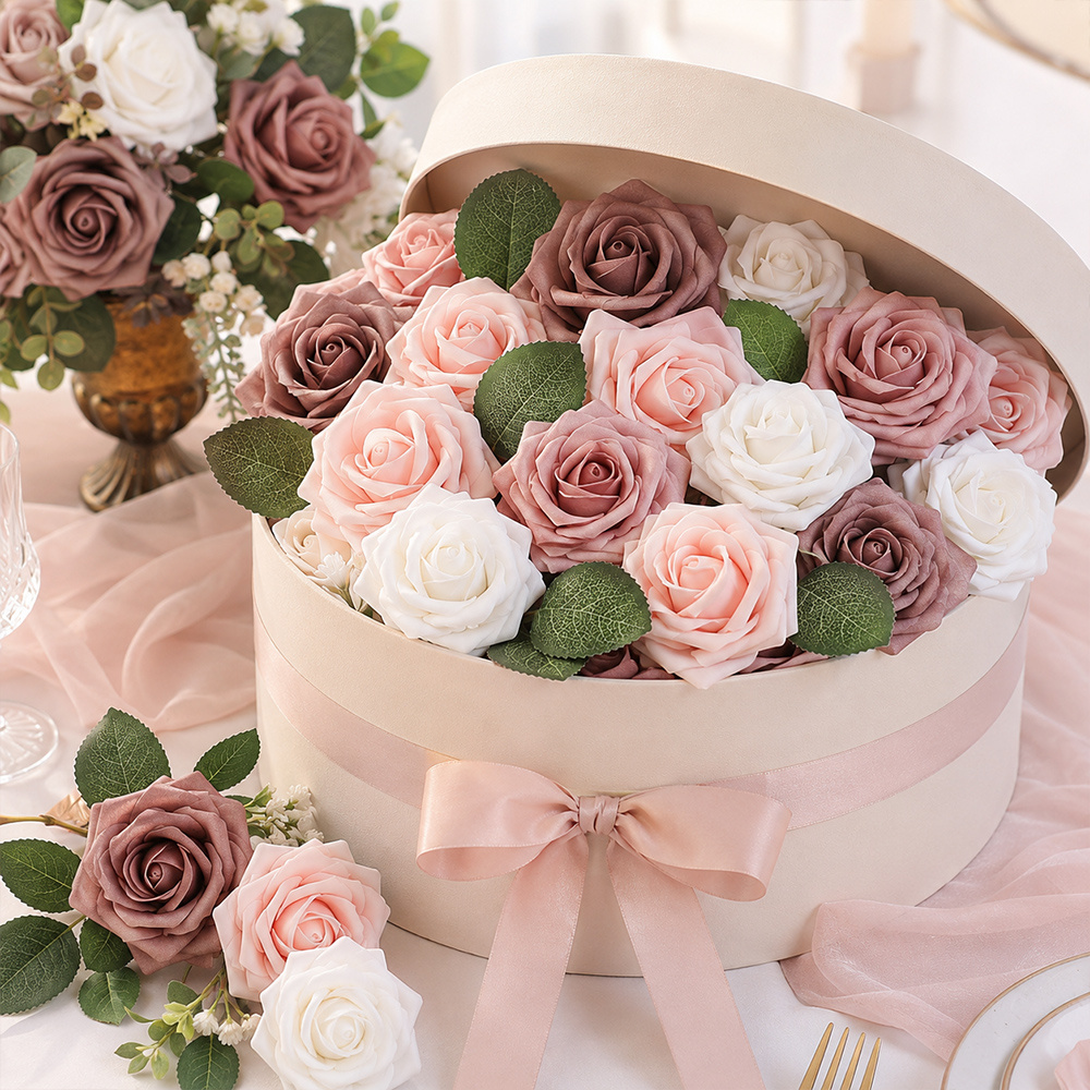 TEMU Artificial Rose Flower 30pcs Set, Includes 25 Roses And 5 Green Leaves, Suitable For Wedding Centerpieces, Birthday Parties, Office And Home