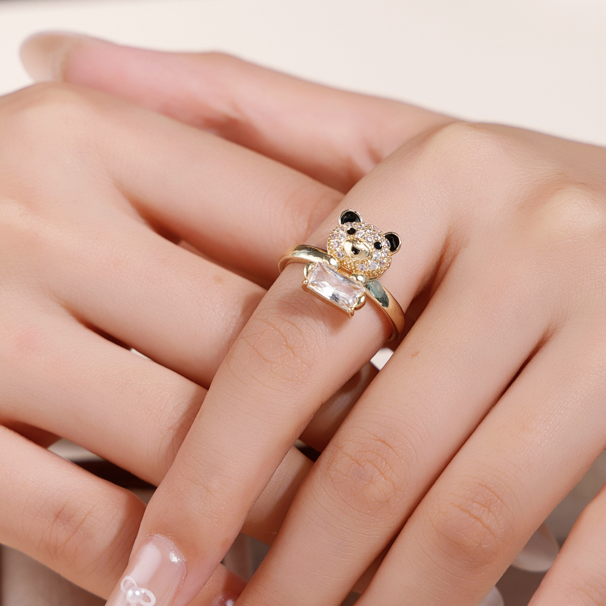 Minimalist Panda Open Ring with Synthetic Zirconia
