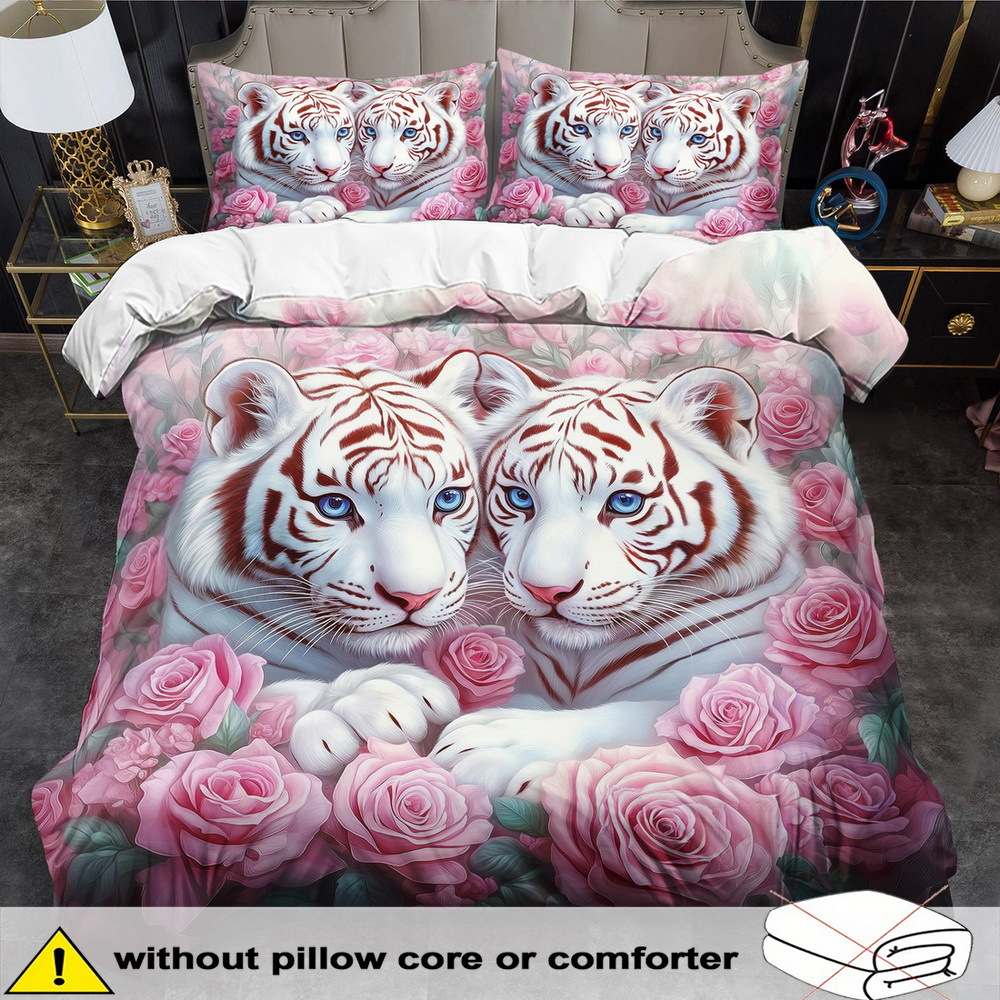 TEMU Tiger Theme Down Comforter Cover Set - 2/3pcs, Soft Comfortable Breathable, Animal Floral Pattern Printed Bedding, Tiger Print Duvet Cover Set,