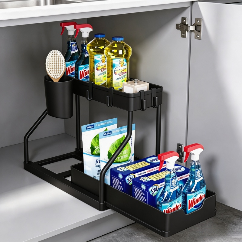 TEMU 2-tier Pull-out Storage Rack- Durable Plastic, Storage Rack Under Sink, Ideal For Kitchen And Bathroom Organization, Holds Bottles, Spices, And