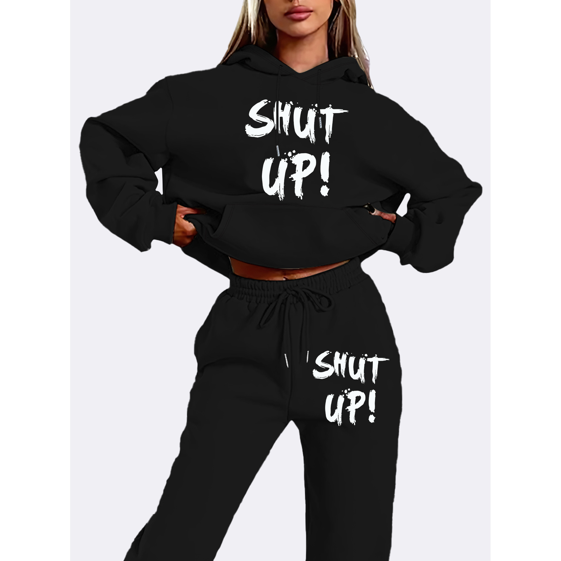 

Women's Casual Hooded Tracksuit Set, Polyester Geometric Pattern Hoodie And Pants With Pockets, For Fall/winter