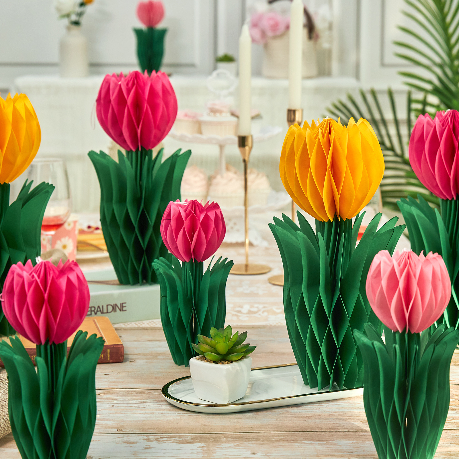 Image of [spring Flower Party Decor] 5pcs 3d Tulip Honeycomb Table Flower Decorations | Yellow And Pink Paper Party Decor, No - Spring Birthday Easter Wedding Bridal Shower Favors, For Christmas, Halloween