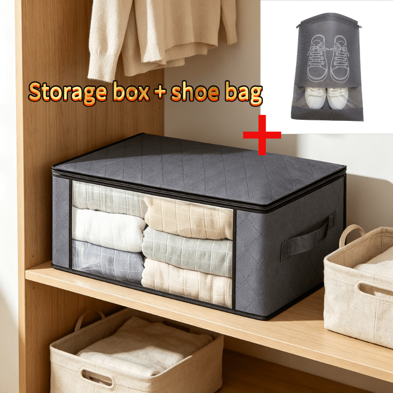 TEMU 2pcs, Covered Clothing Storage Box, Foldable Blanket Storage Bag With Zipper, Wardrobe Storage Box, Transparent Window And Reinforced Handle,