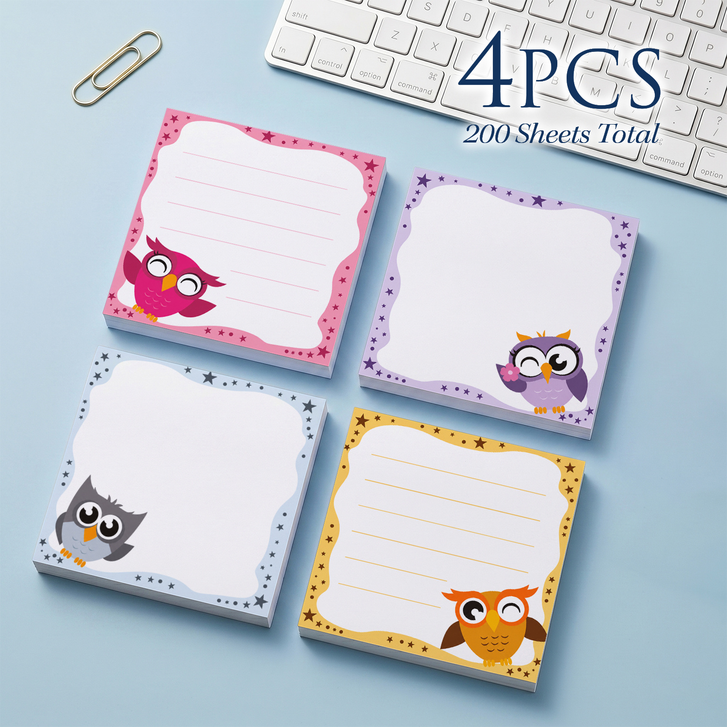 TEMU Lot de 4 de notes autocollantes mignonnes de (200 feuilles/bloc) pour et - -notes mémo kawaii de , accessoires de bureau carrés avec décor