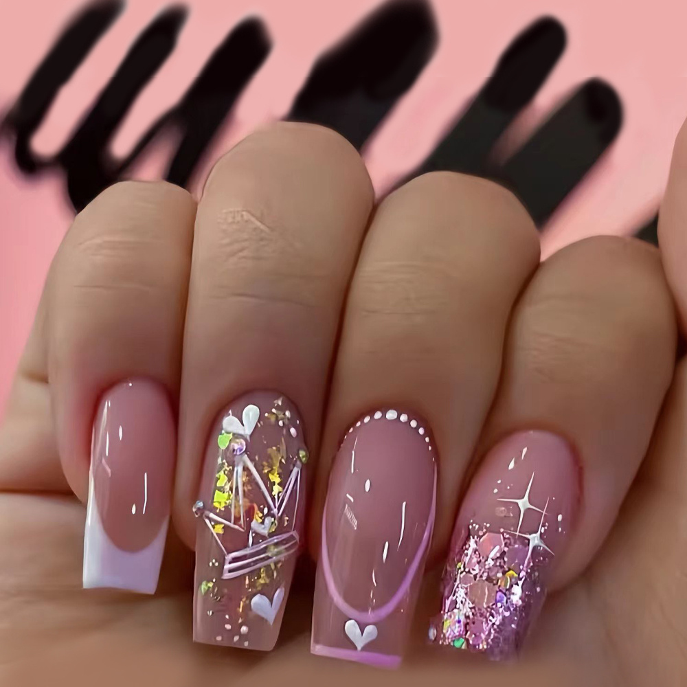 Temu – TEMU Show Your Beauty 24pcs Medium Straight Nails Premium Elegant Colored Sequins Purple Loose Powder Crown Striped Heart Glossy Fake Nails Fashion