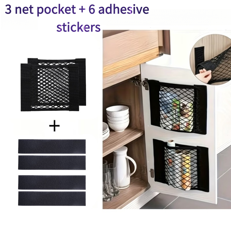TEMU 9pcs Mesh Storage Bag Set (1 2/ 2 4/ 3 6) - No-drill Strong Adhesive Wall Hanging Organizer For Cabinet, Car, Under Sink & Rv, Space And Keep