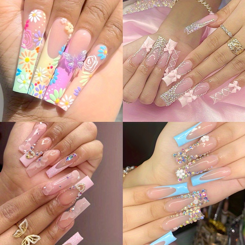 TEMU 96pcs (4pack)sweet Pink And Floral Glitter Nail Set, Suitable For Women And Girls - Shiny Long Almond Shaped With Sequins, Nail Accessories