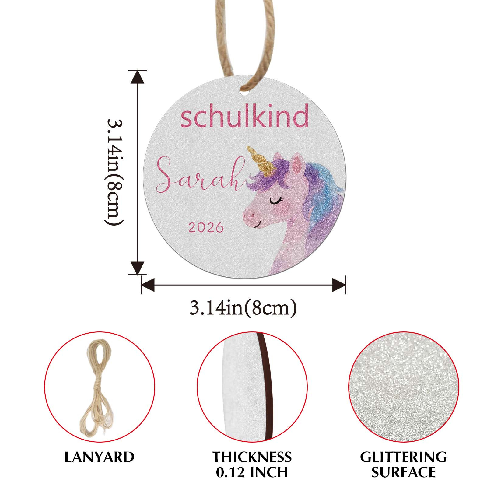TEMU 1pc Personalized German Back-to-school Ornament, Holiday Pendant, Hanging Decoration Party Decor, Personalized Name, Silvery Shiny Pendant,