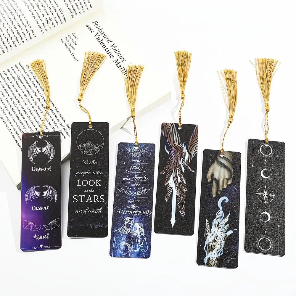 TEMU 4pcs/6pcs Set Starry Sky Fantasy Acotar Inspirational Acrylic Bookmarks For Women, Square Design With Tassel, As An Inspirational Reading Gift