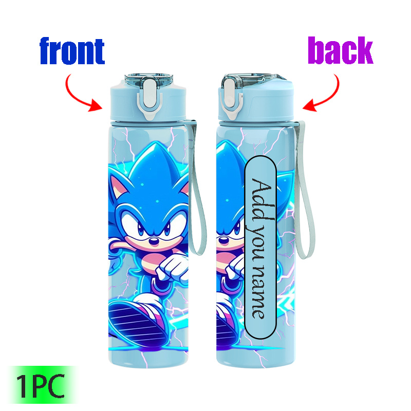 TEMU 1pc Blue Hedgehog Trendy Print Customizable Name Text 750ml/26oz Plastic Sports Water Bottle, Cute Printed Design, Leak-proof With Pop-up Lid,