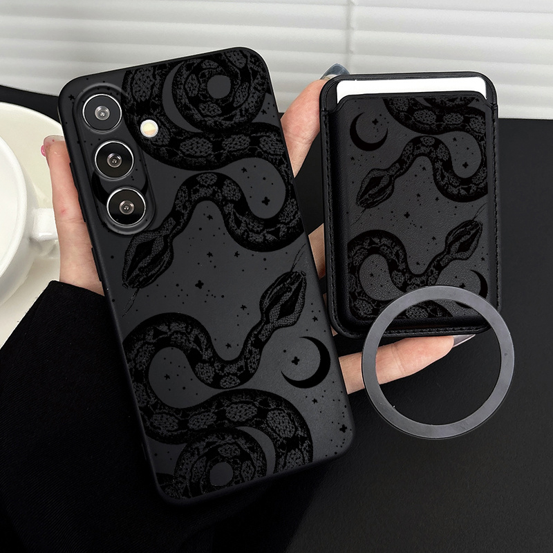 TEMU Phone Case: Suitable For Galaxy S25 Ultra Creative Vintage Faux Leather Full Coverage Shockproof Black Snake Pattern Phone Case Suitable For