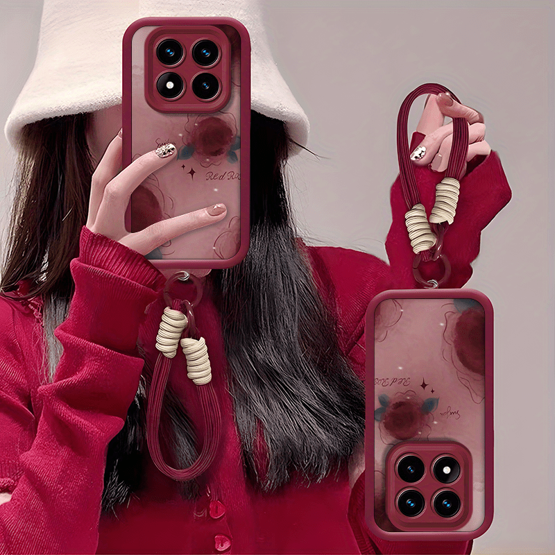 TEMU para Xiaomi Redmi Note 14 Pro 5G con diseño de rosas en vino, cordón para colgar, para hombres y mujeres. de TPU y -caídas, accesorio para móvil