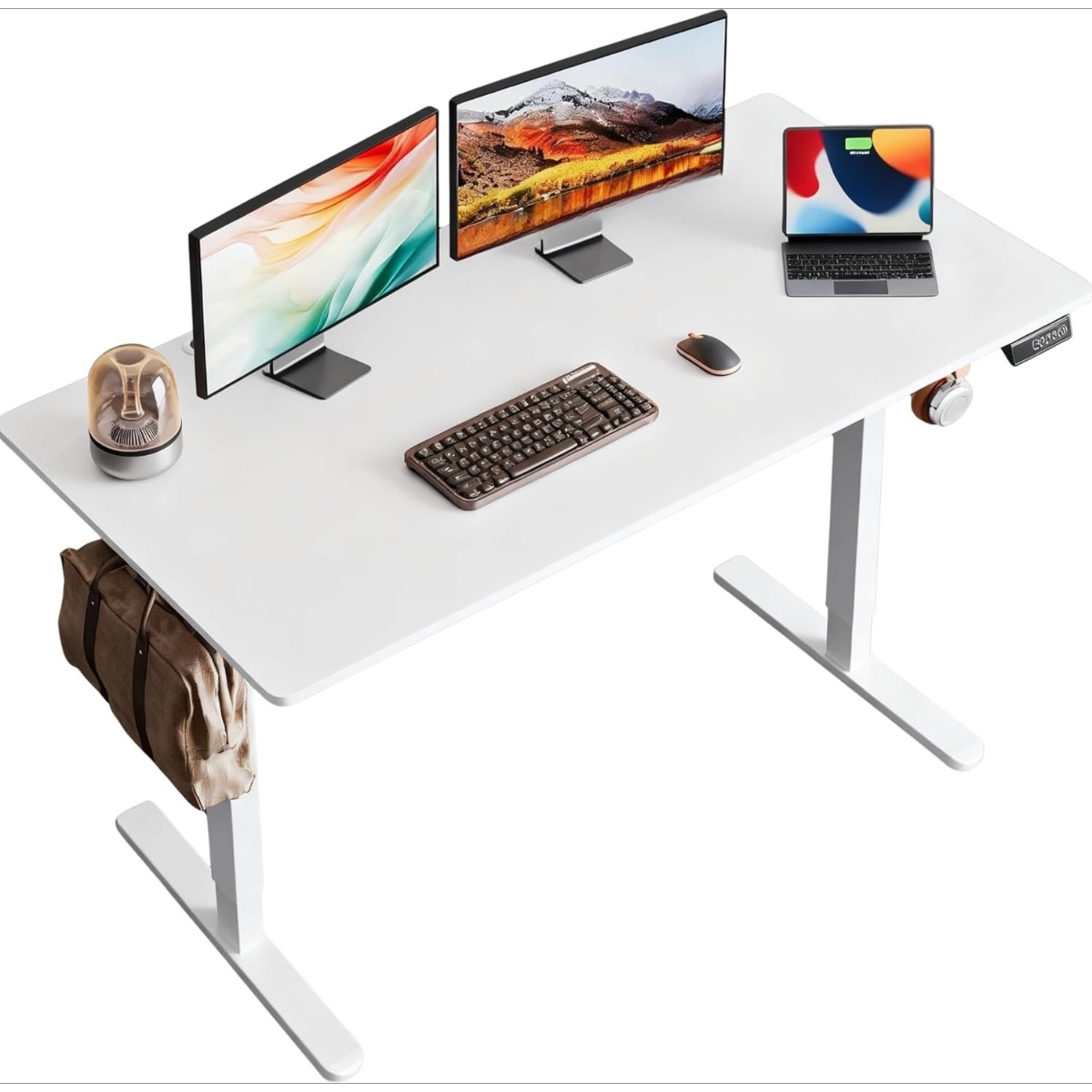 55×28 Inch Electric Standing Desk with Drawers | 3 Adjustable Height, Storage Shelf, Built-in USB Outlet, Memory Preset, Sit to Stand, Contemporary Style, White, Engineered Wood Top, Box Drawers, Floor Mount, by GALAXHERO