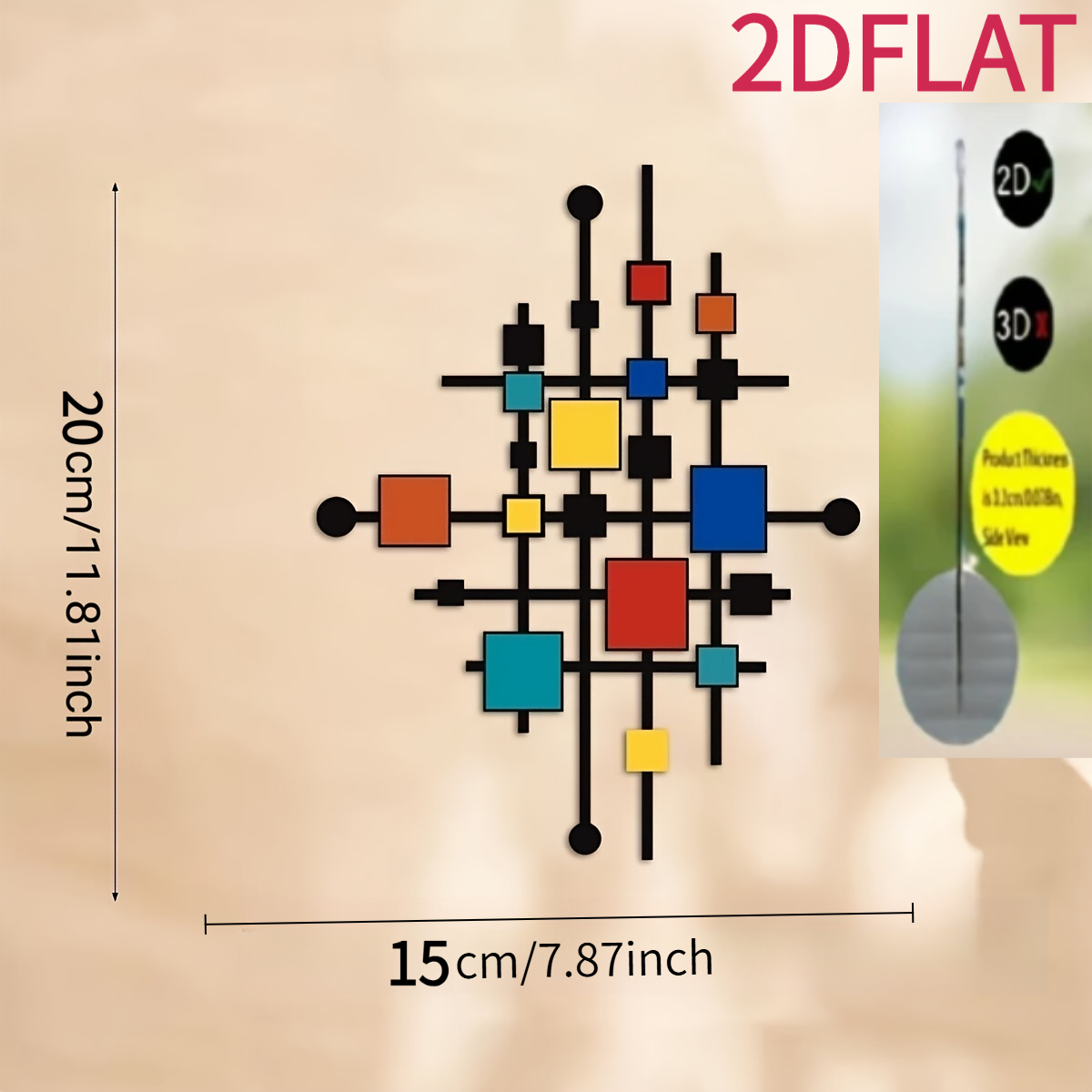 TEMU 2D Plat, Moderne Abstracte Geometrische Acryl Wandsculptuur - Veelkleurig Plat Paneel Hangdecoratie met Gekleurde Vormen & Lijnen, Geschikt voor