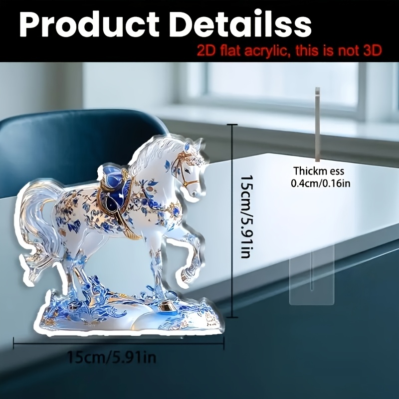 TEMU Figurine de cheval bohème plate 2D - Statue de bureau en acrylique bleu et blanc, minimaliste, convient pour chevet, salon, décoration de bureau