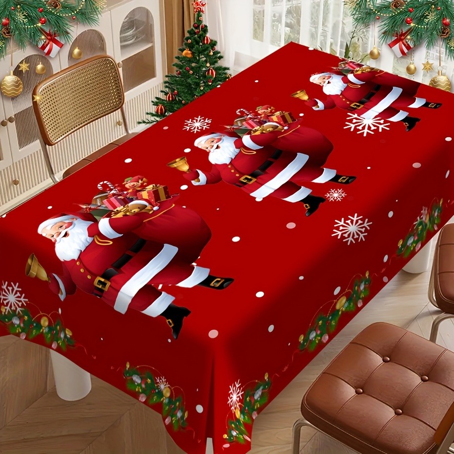 TEMU 1pc Party Tablecloth, Solid Red With Print Of Santa Claus, Snowflakes, Gifts, And Christmas Trees. Made Of Durable, Suitable For Indoor And