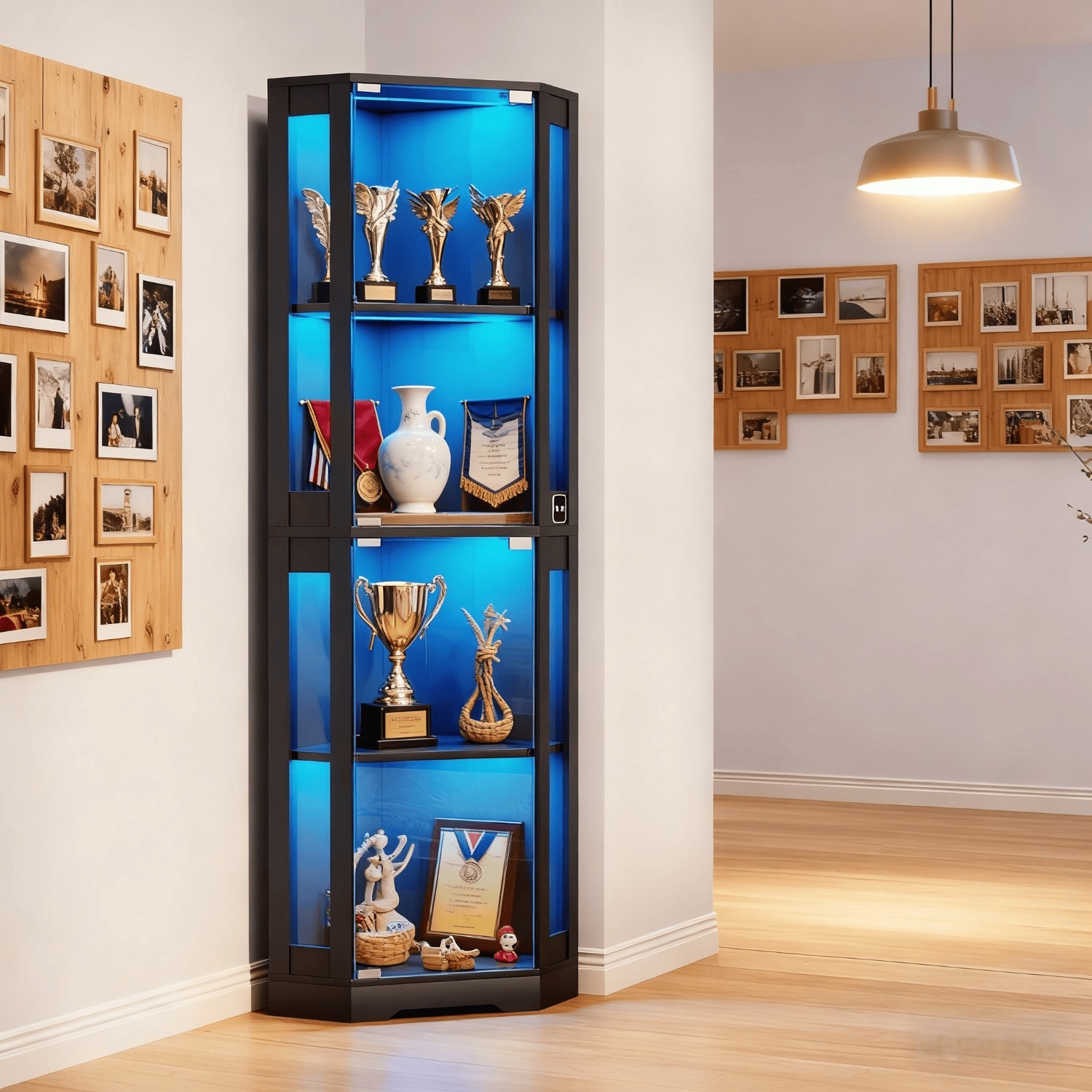 TEMU 1pc Corner Glass Display Cabinet White - Single Door Showcase With Tricolor Led Lights & Motion Sensor - 4-tier Storage Shelf For Living Room