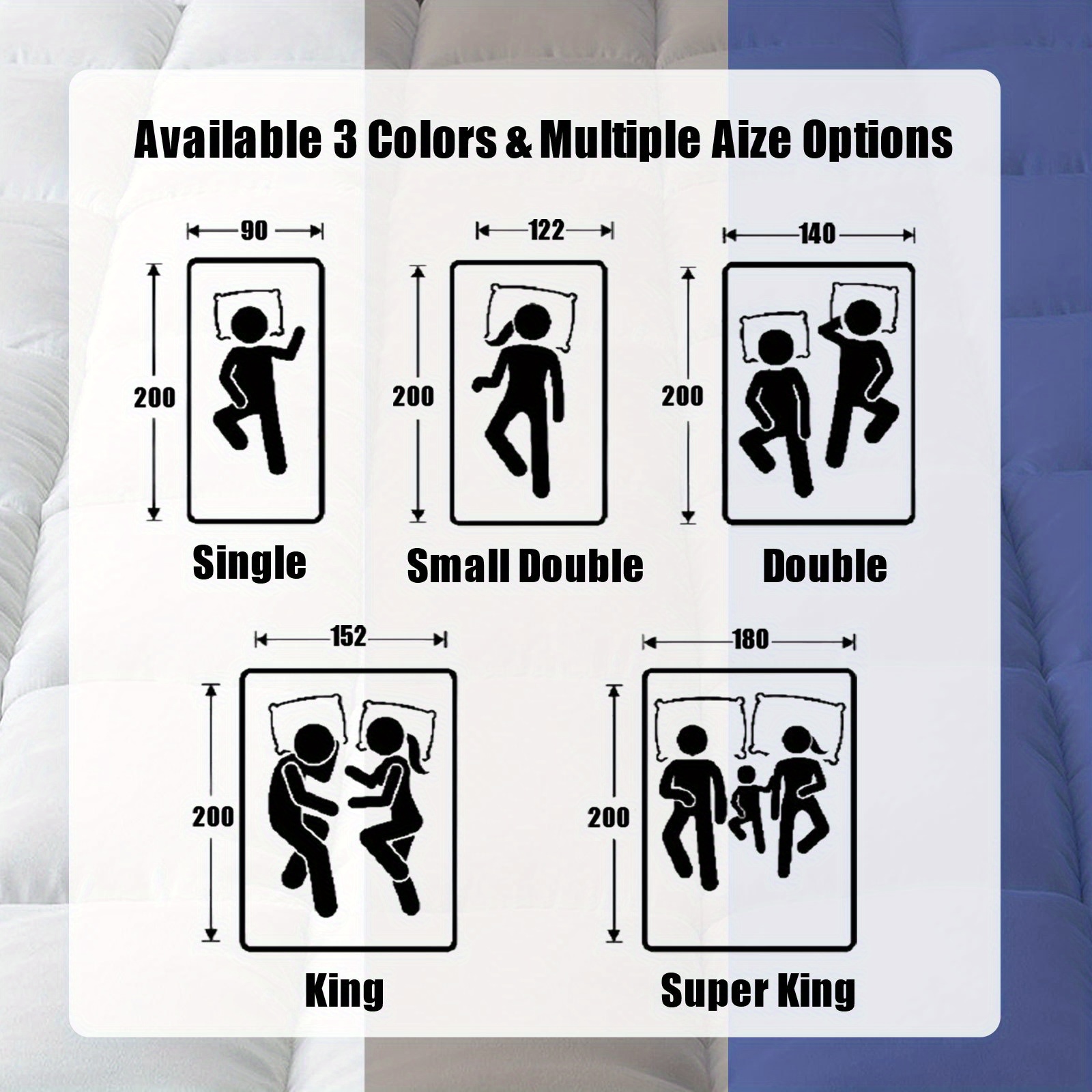 10cm Hotel Quality Mattress Topper | Super Soft with 1000GSM Hollowfiber Filling | Elasticized Corner Straps | White Blue Grey | Single, Small Double (4ft), Double, King, Super King Size