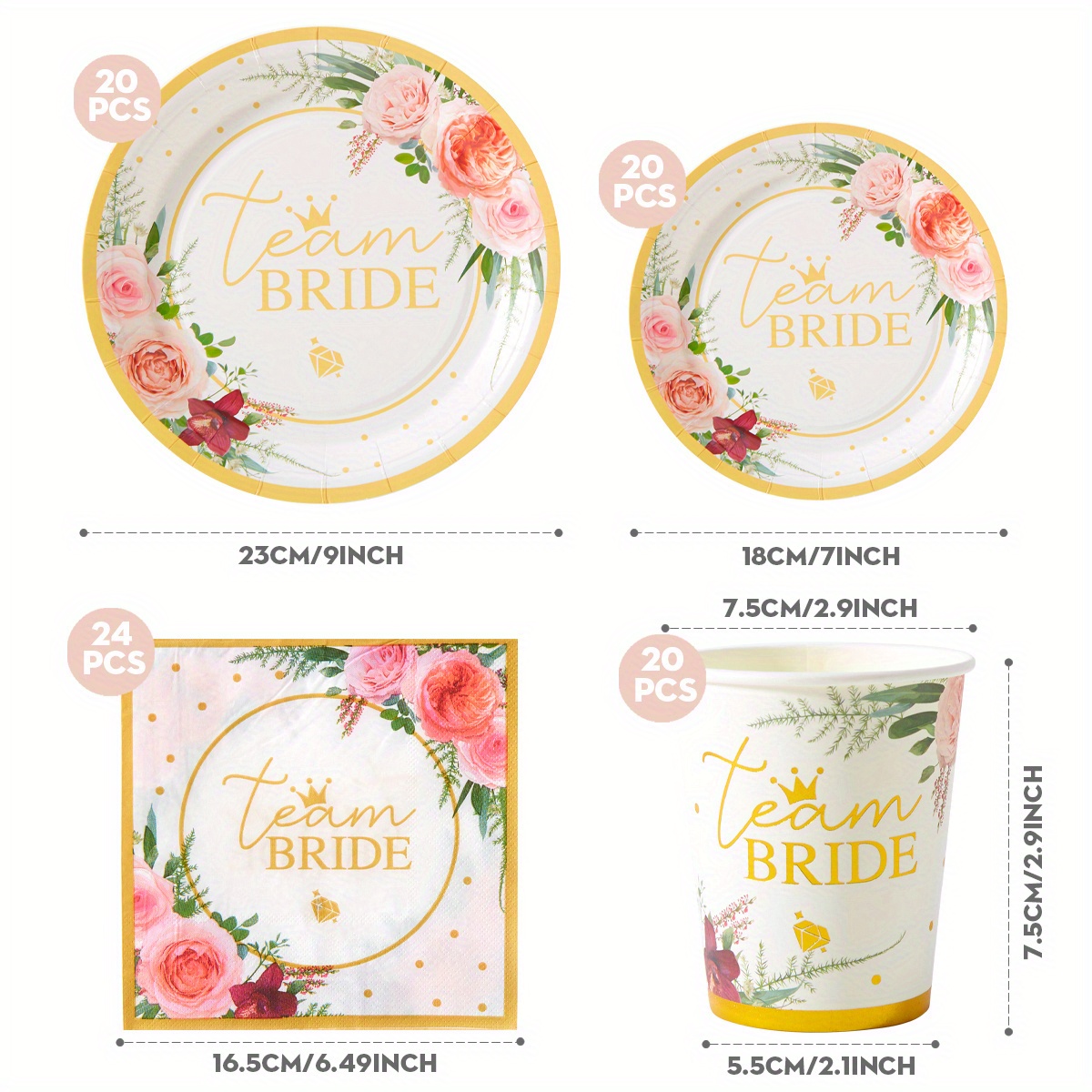E-shop 84-teiliges Blumen-Brautparty-Set, 7/9 Zoll Brautduschen-Partyteller, Blumen-Brautduschen-Pappteller, Einweg-Pappbecher, Einweg-Pappteller,