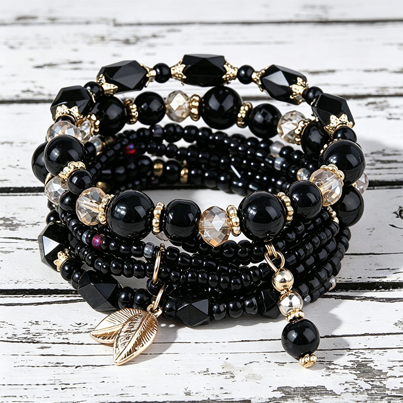 TEMU 4pcs Bohemian Stackable Bracelet Set For Women, Random Handmade Jewelry Style, Elastic Beaded Bracelets, Leaf Charm Style Stretch Bracelets For