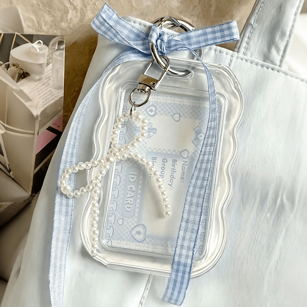TEMU 2d Wave Holder And Checkered Ribbon Pearl Bow Decoration, Bag Hanging Keychain With Card Slot, Phone Cases Bag Additions, For Bus Card, Subway