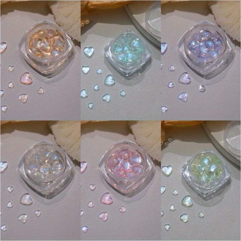TEMU 6pcs 3d Aurora Love Heart Nail Charms - Iridescent Transparent Decorations For Valentine's Day, , Diy Nail Art, Valentines Decorations