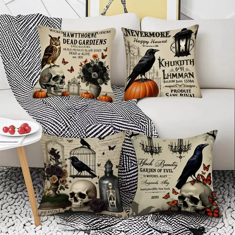 4pcs gothic halloween pillow covers - skull, , witchy designs with zipper closure - spooky decorations for living room, bedroom, sofa, car - double-sided polyester printed pattern - decor cushion cases - easy-clean halloween party decorations, halloween decorations, seasonal room accents, contemporary style, durable fabric, decorative pillows, seasonal stylists, bedroom accents, theme, hand wash only, throw pillow covers, seasonal - home decoration Product details 0