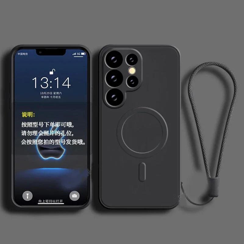 Phone Case - Liquid Silicone Magnetic Phone Case for Samsung Galaxy S25 S24 S23 S22 Ultra Plus A56 A55 A36 A16 A15 A35 Soft Matte Shockproof Shell Wireless Charging Protective Cover with Short Rope Wristband