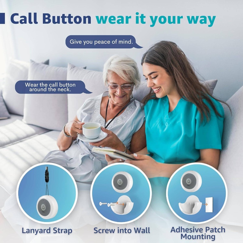 2pcs Wireless Call Button | Nurse Call Caregiver Pager for Elderly Seniors, Residents, Customers in Clinic Care Facilities and Restaurants, White, Non-rechargeable AA Battery