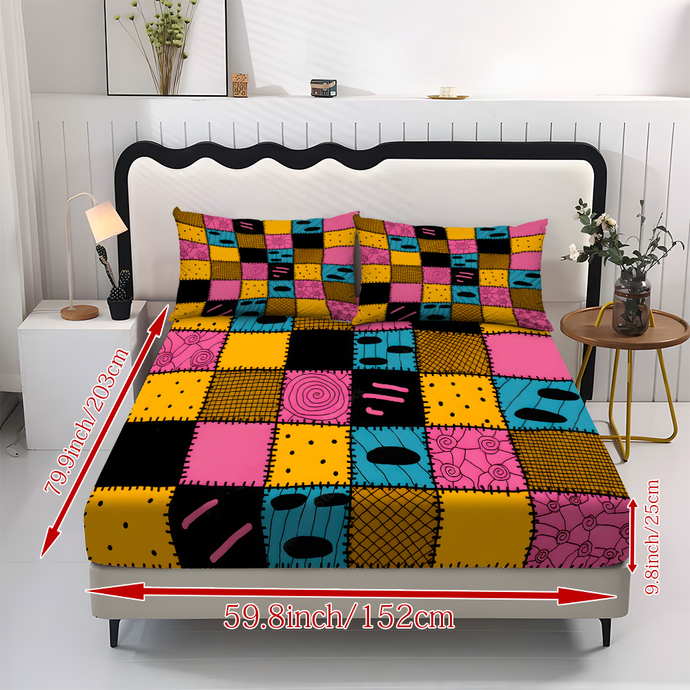 TEMU Set Of 3pcs Featuring A Color Deconstructivism Design, Including 1 Fitted Sheet And 2 Pillowcases (no Fillings Included). This Cozy Bedding Is
