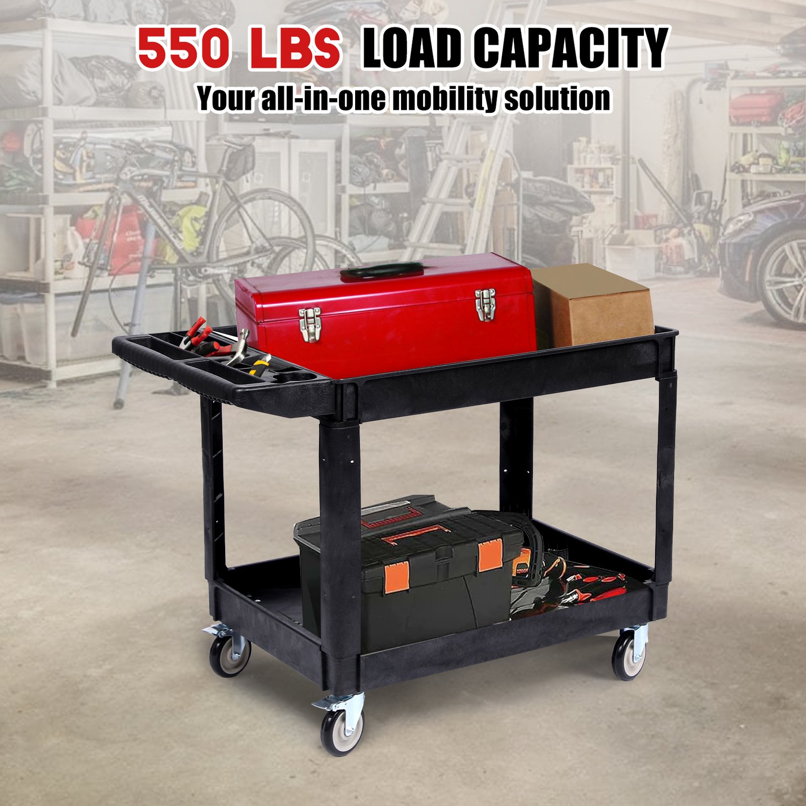 Image of Heavy Duty 2-shelf Utility Cart, 550 Lbs Capacity, Pp Rolling Service Cart With Handle And Wheel, Storage Organizer For Warehouse, Garage, Office, Cleaning, Black, Small