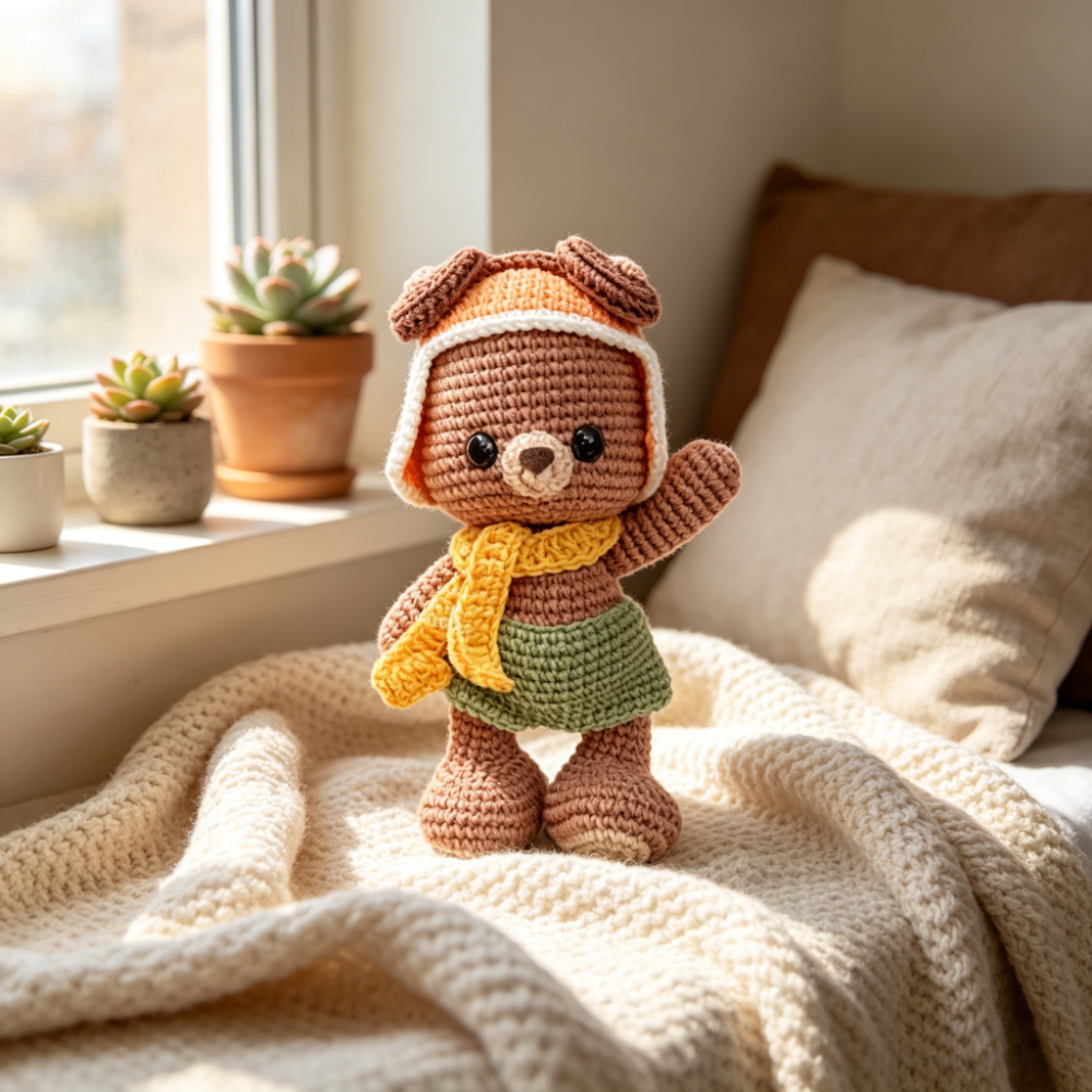 1pc cute bear with hat scarf crochet kit for beginners complete diy amigurumi teddy bear plush doll craft set with all materials yarn tools step by step instructions handmade knitted bear   skirt perfect gift for   decor 5