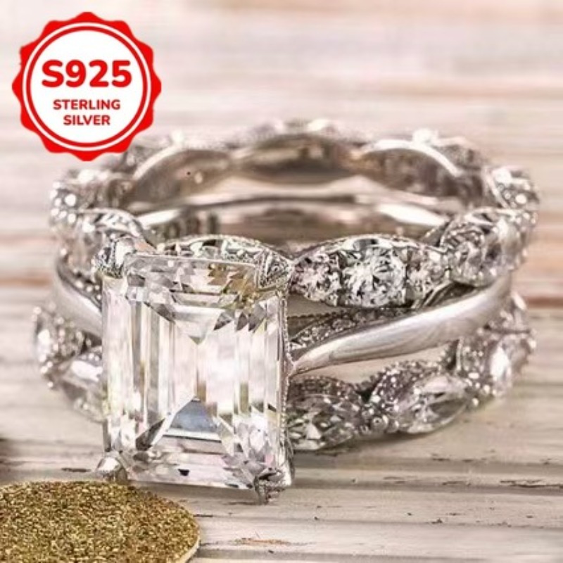TEMU 3pcs Set Of High-quality Luxury 925 Sterling Silver Women's Ring, Set With Sparkling 5a 5a Zirconia Ring Suitable For Parties And , Engagement
