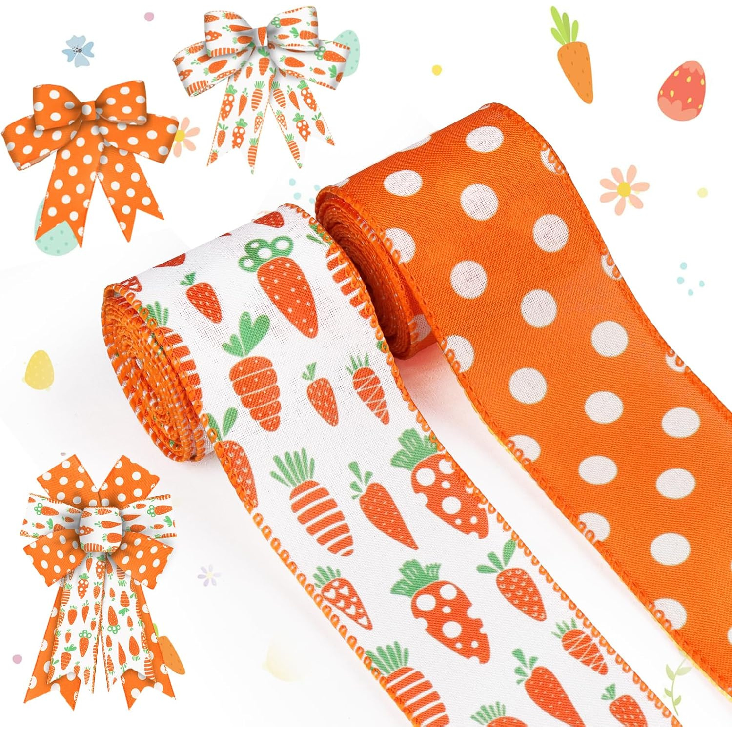 TEMU 2 Rouleaux de Ruban à Bord Filaire de Pâques, Ruban de Jute de Jute de Pâques de 2,5 pouces, Motif à Pois Orange et de Lapin, Convient pour les