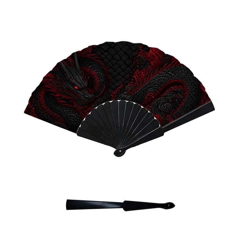 TEMU Eastern Mythical Red And Black Dragon Print Hand Fan, Plastic Fan Surface And Ribs Design, 1pc Decorative Handheld Accessory, Themed Events And