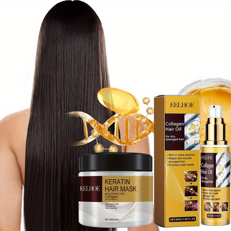 1 set de mascarilla capilar de queratina y aceite capilar de colágeno - combo de   capilar hidratante para cabello normal,   para varios tipos de cabello medio a largo,   de teñir y hacer la permanente,  , encrespado, puntas abiertas, cabello enredado, gran regalo para  